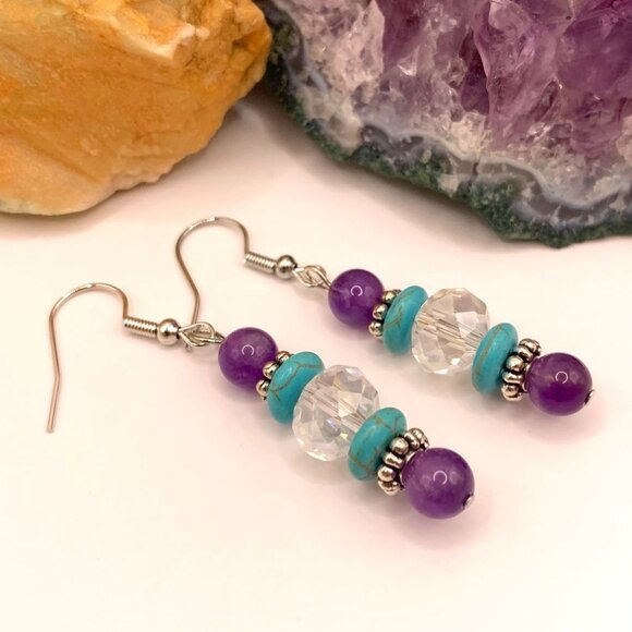 Amethyst Turquoise Austrian Crystal Handmade Pierced Earrings LR132 - Picture 1 of 4